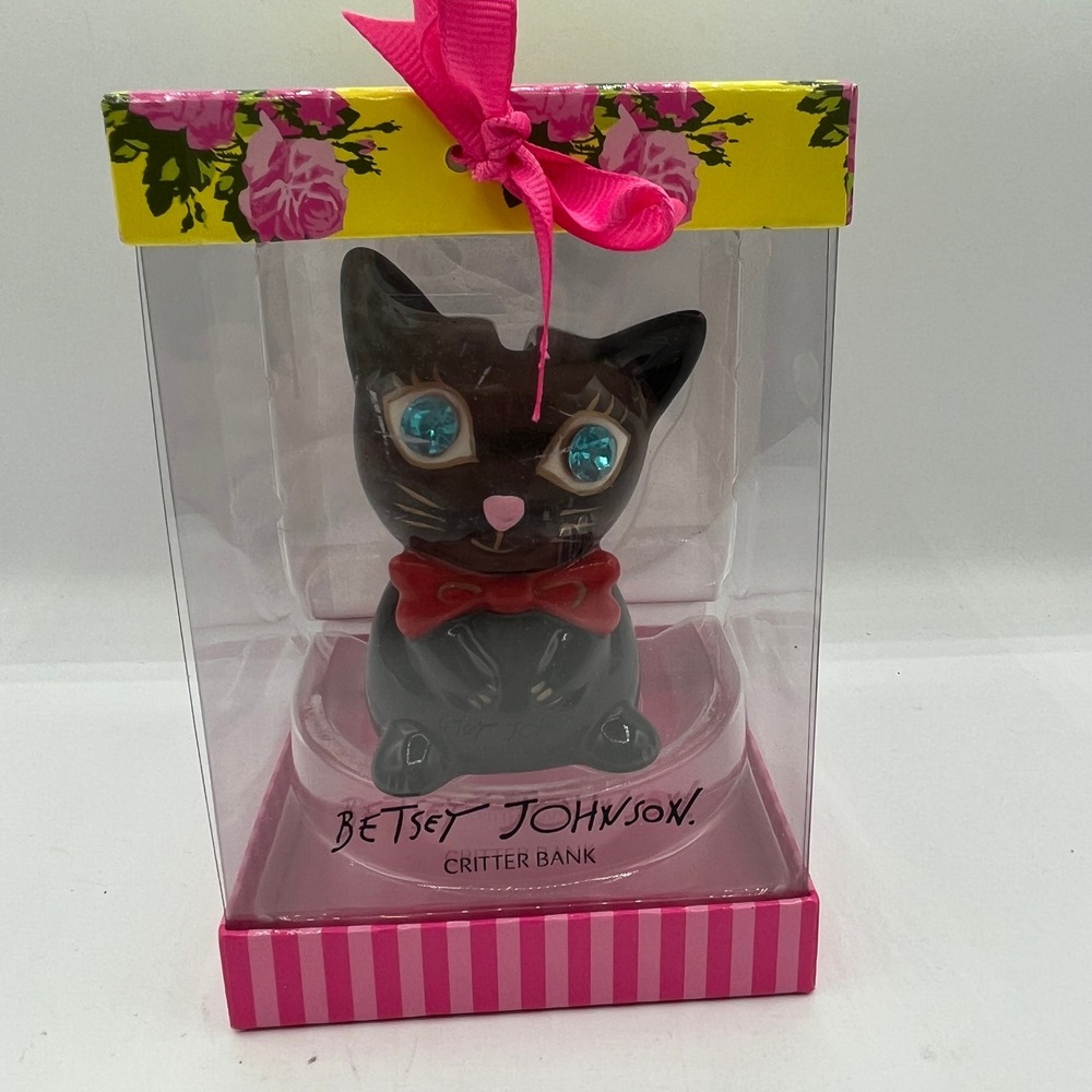 New Vtg Betsey Johnson Black Cat Ceramic Critter Piggy Bank Rhinestone Eyes NIB